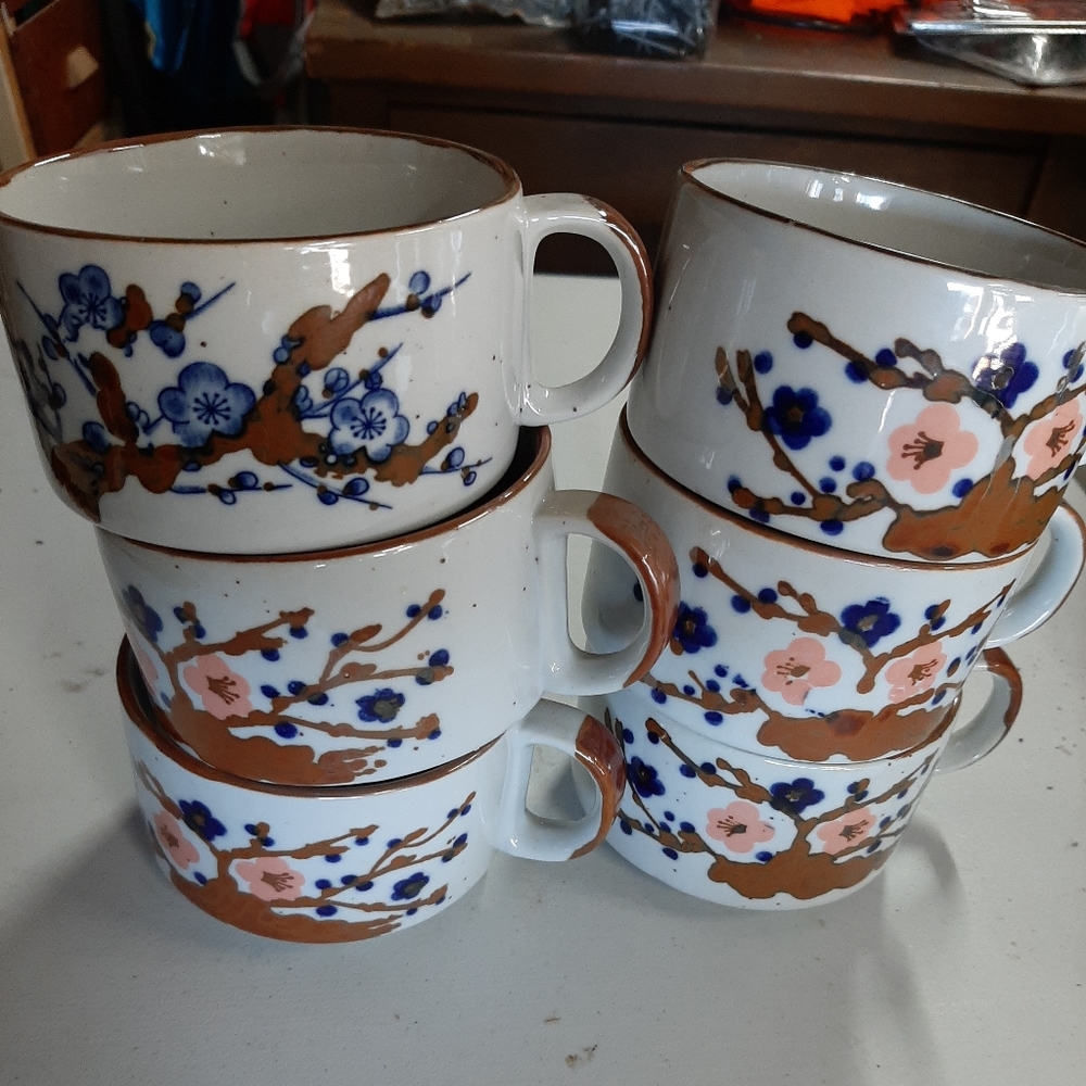 6VTG Stoneware Soup Chowder Handled Bowl Mug Made In Korea Cherry Blossom 12Floz